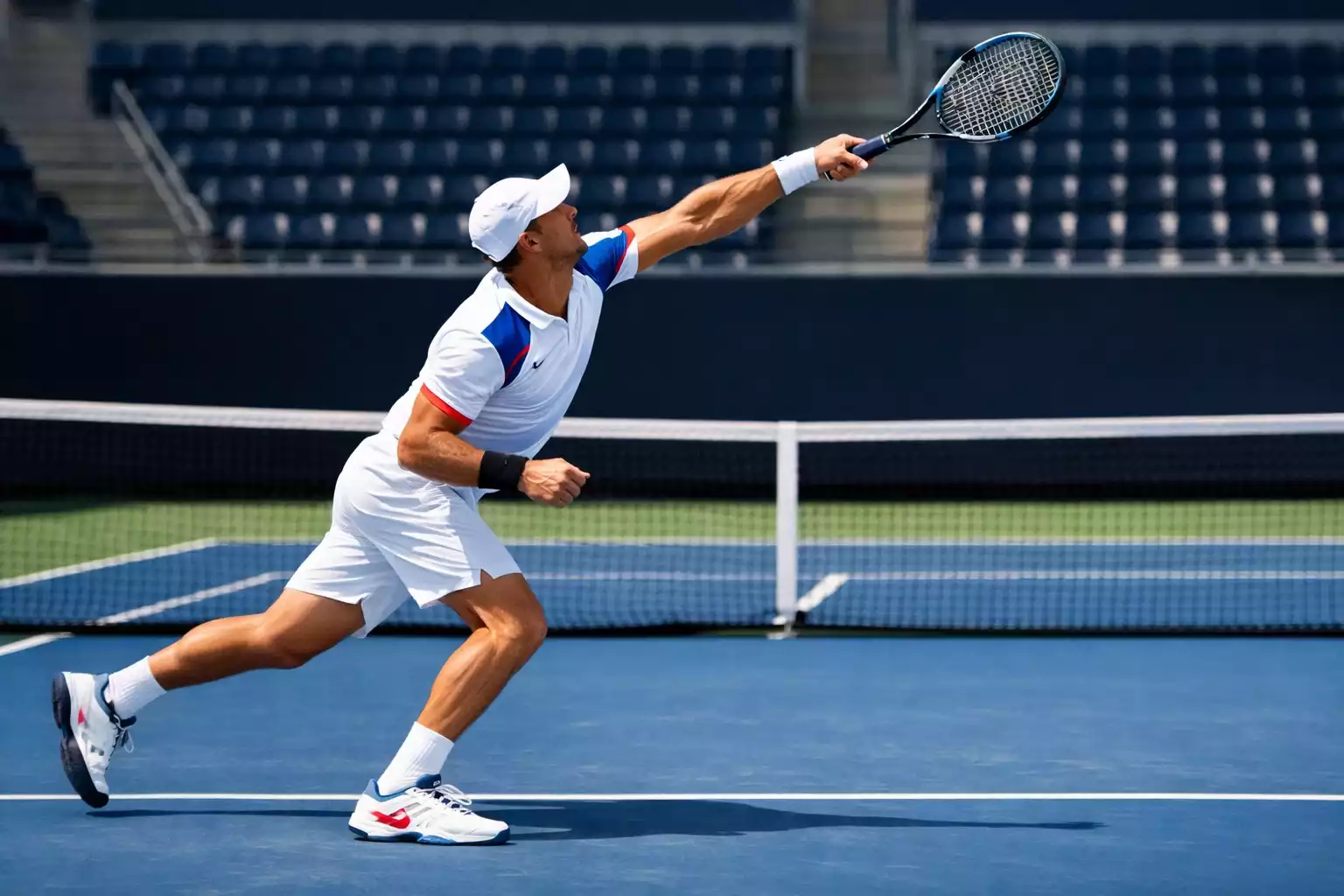 Tennisspieler schlägt kraftvollen Aufschlag auf Hartplatz