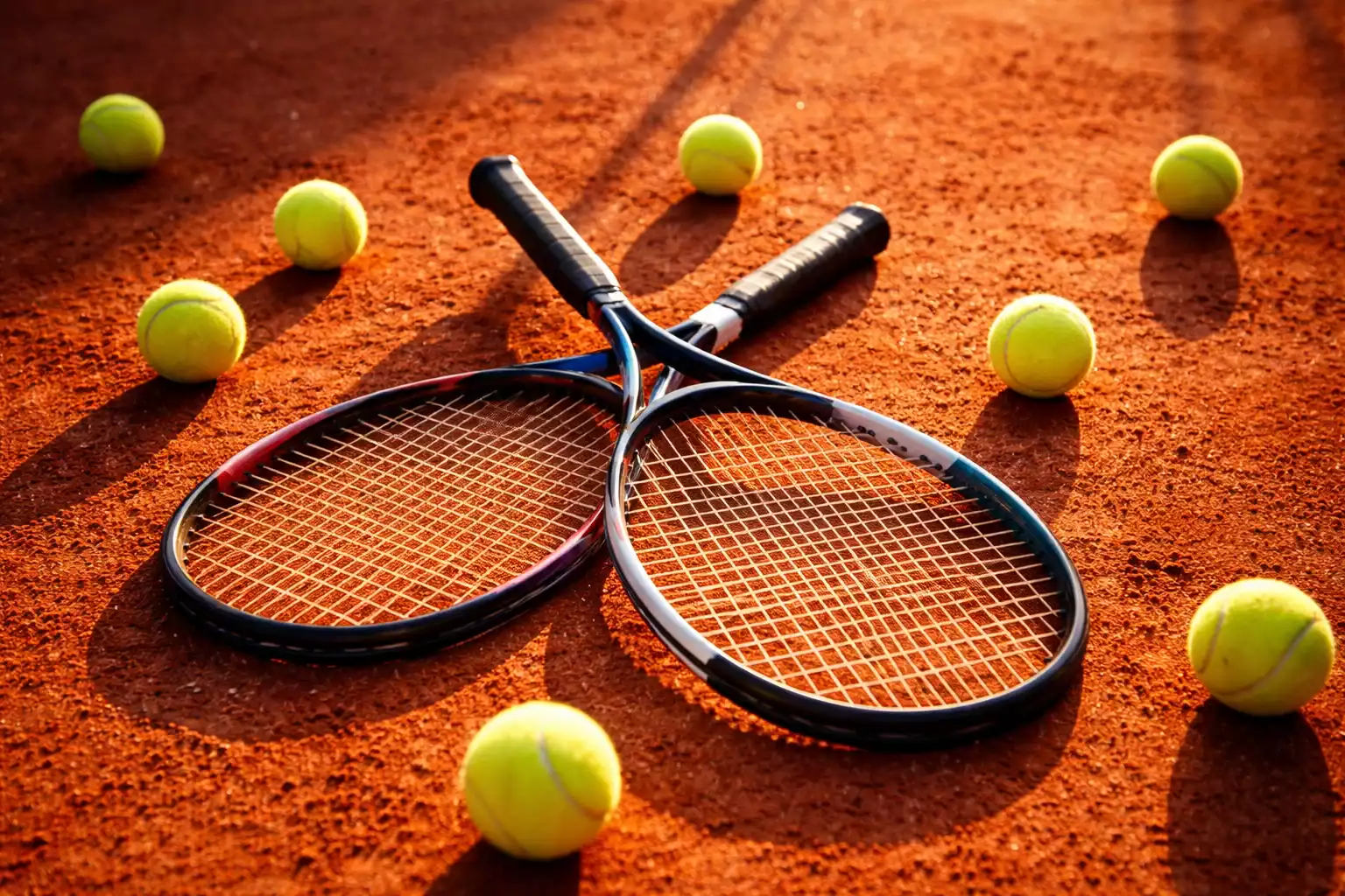 Tennisschläger und Bälle auf einem Sandplatz im Sonnenlicht