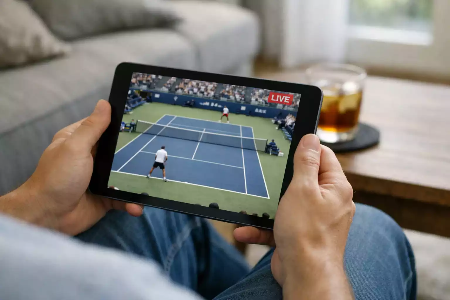 Person schaut ein Tennis-Livestream auf dem Tablet während des Spiels