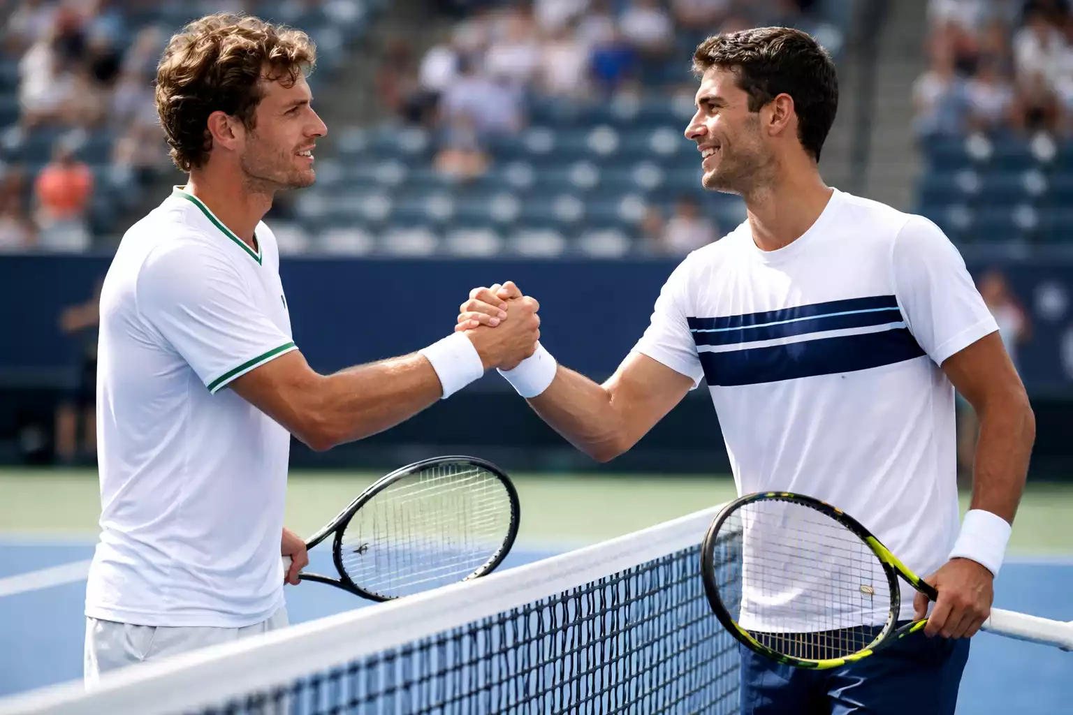 Zwei Tennisspieler schütteln Hände am Netz nach dem Match