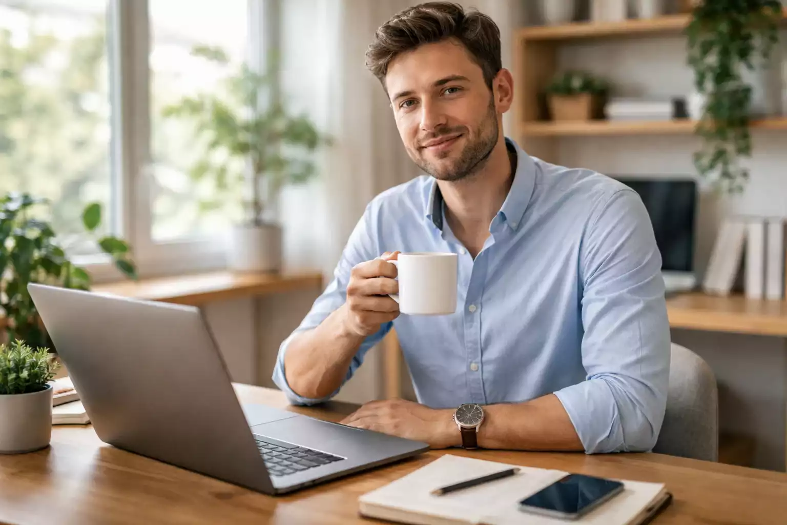 Zufriedener Mann trinkt Kaffee und schaut auf seinen Laptop