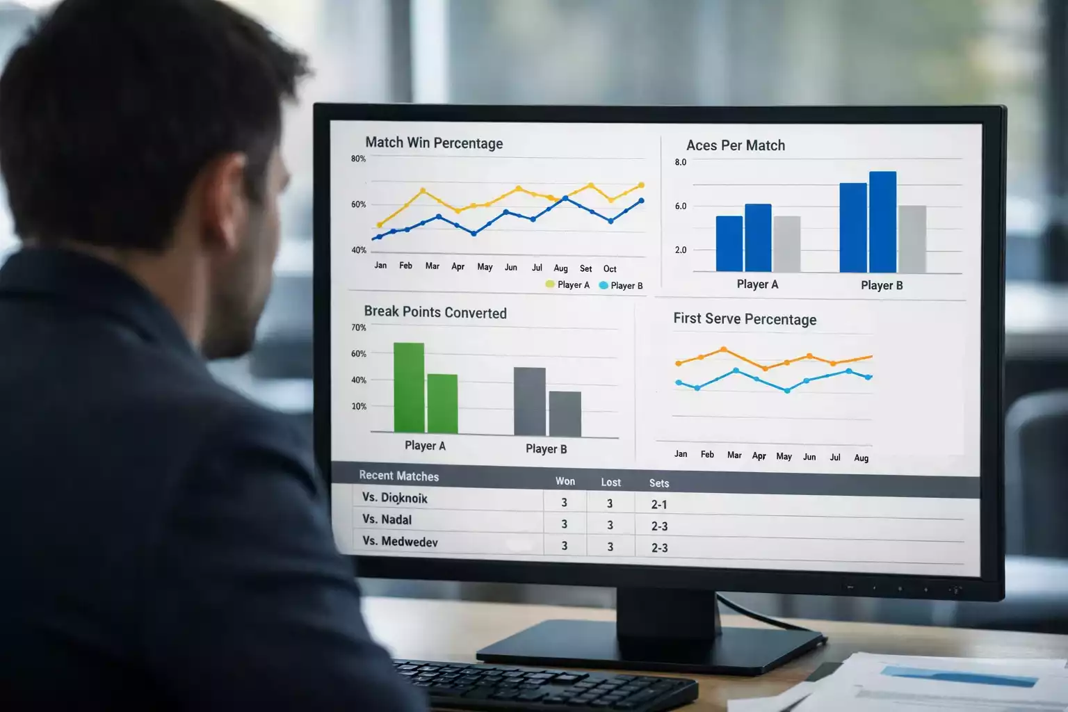 Analyst studiert Tennisstatistiken und Daten auf großem Monitor