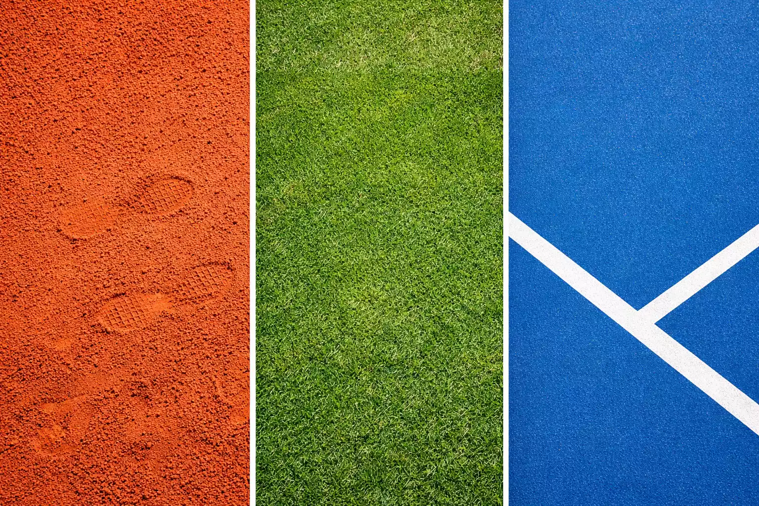 Drei verschiedene Tennisbeläge nebeneinander: Sand, Rasen und Hartplatz