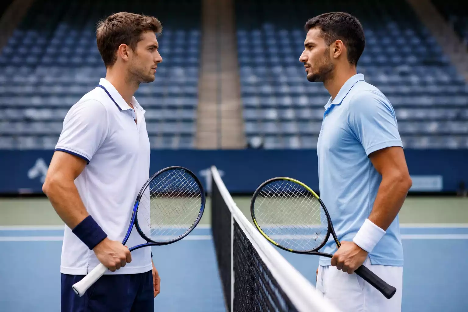 Zwei Tennisspieler stehen sich am Netz gegenüber vor dem Match