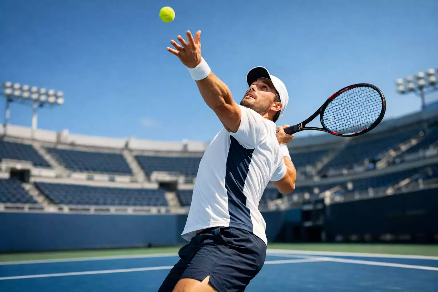 Tennisspieler bereitet sich auf den Aufschlag vor in einem wichtigen Match