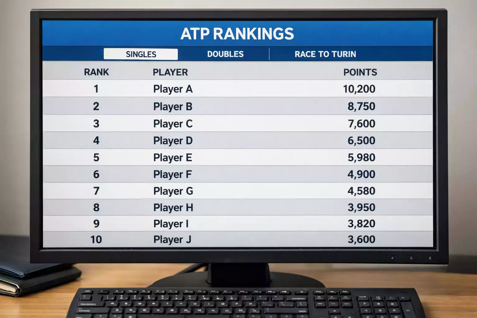 ATP Weltranglisten-Tabelle auf einem Bildschirm dargestellt