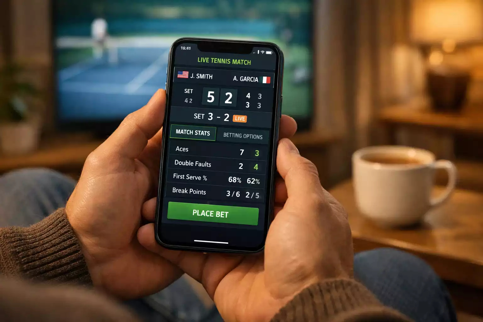Person
  verfolgt ein Tennismatch auf dem Smartphone mit Live-Wetten-Oberfläche