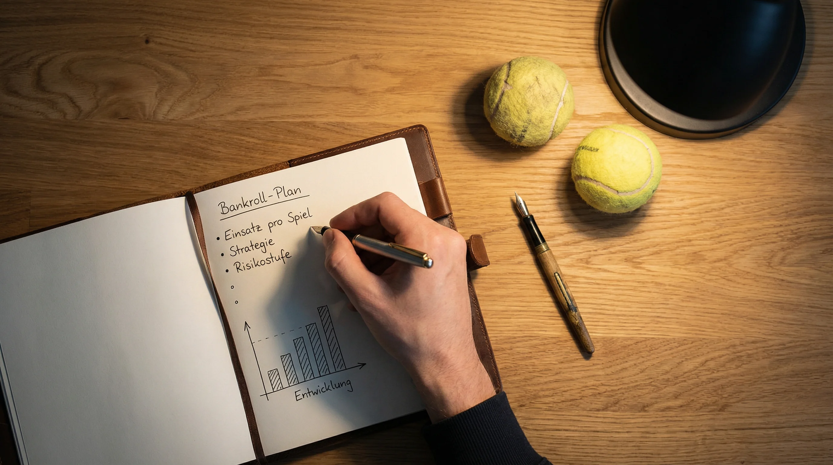 Person plant Wettstrategie in einem Notizbuch neben Tennisbällen auf dem Schreibtisch