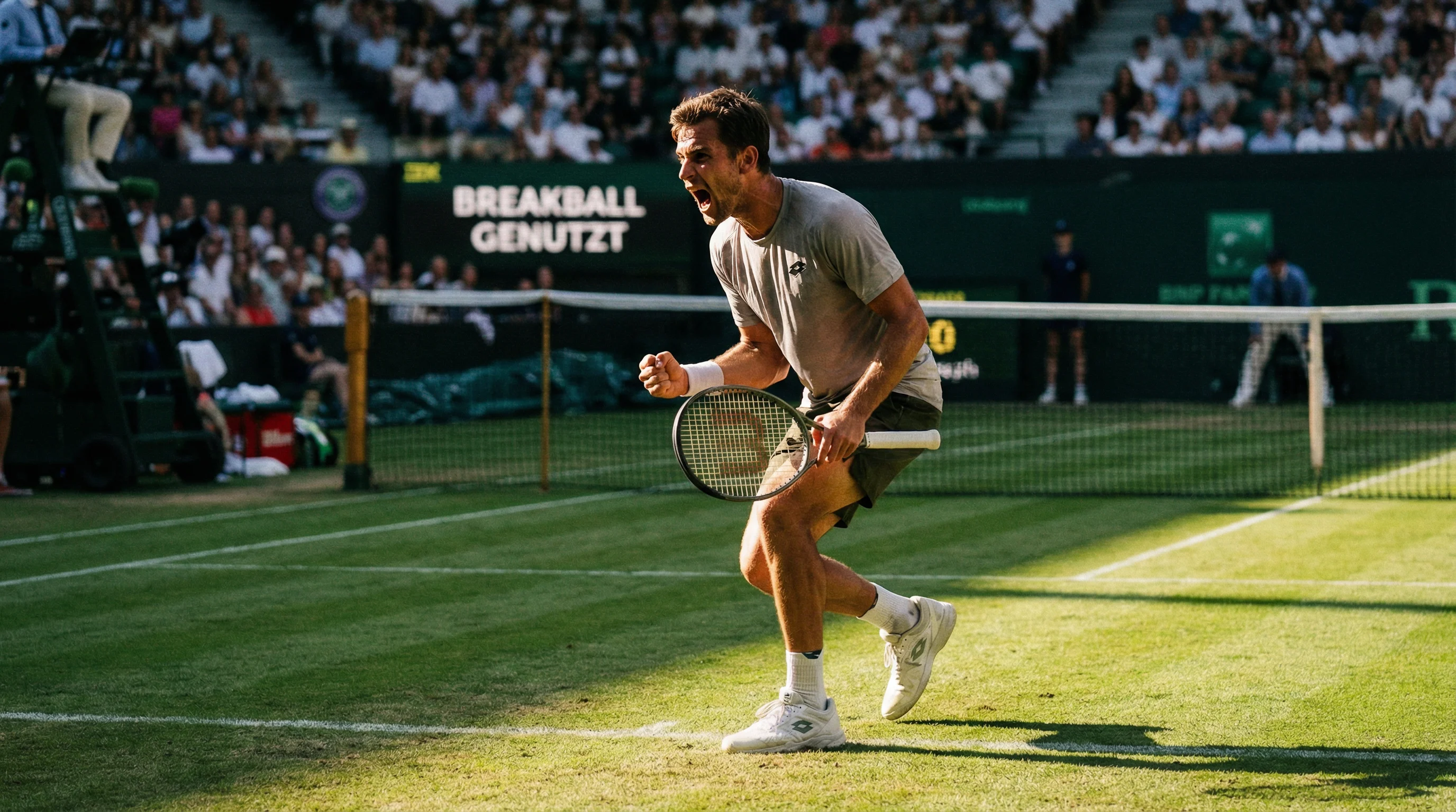 Tennisspieler feiert emotionalen Breakgewinn mit geballter Faust am Netz