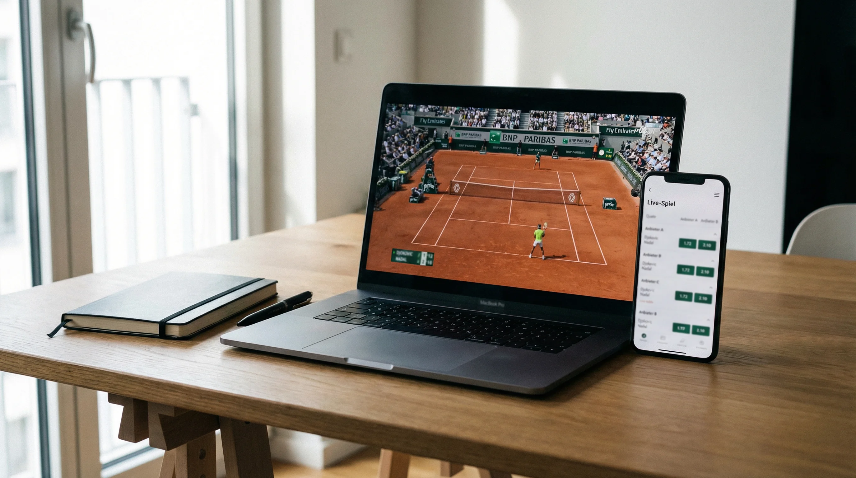 Laptop und Smartphone auf einem Schreibtisch mit Tennismatch auf beiden Bildschirmen