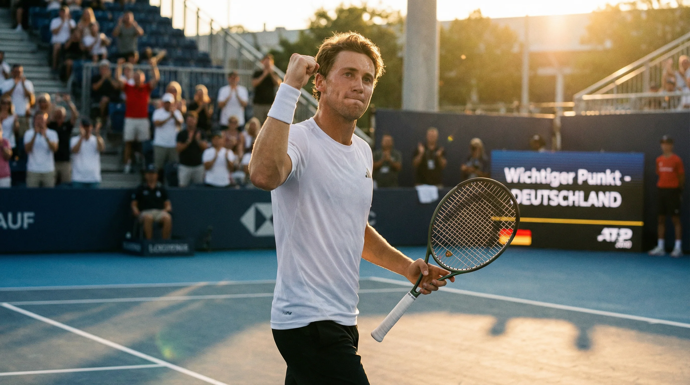 Tennisspieler ballt die Faust nach einem gewonnenen Punkt beim Comeback