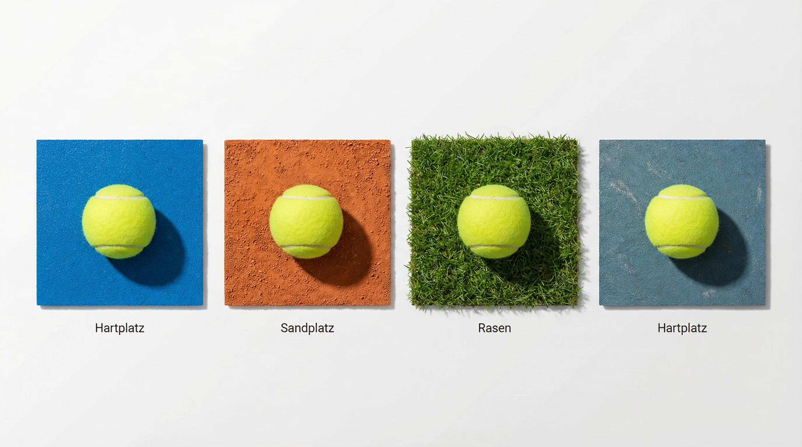 Vier Tennisbälle auf verschiedenen Belägen symbolisieren die Grand-Slam-Turniere