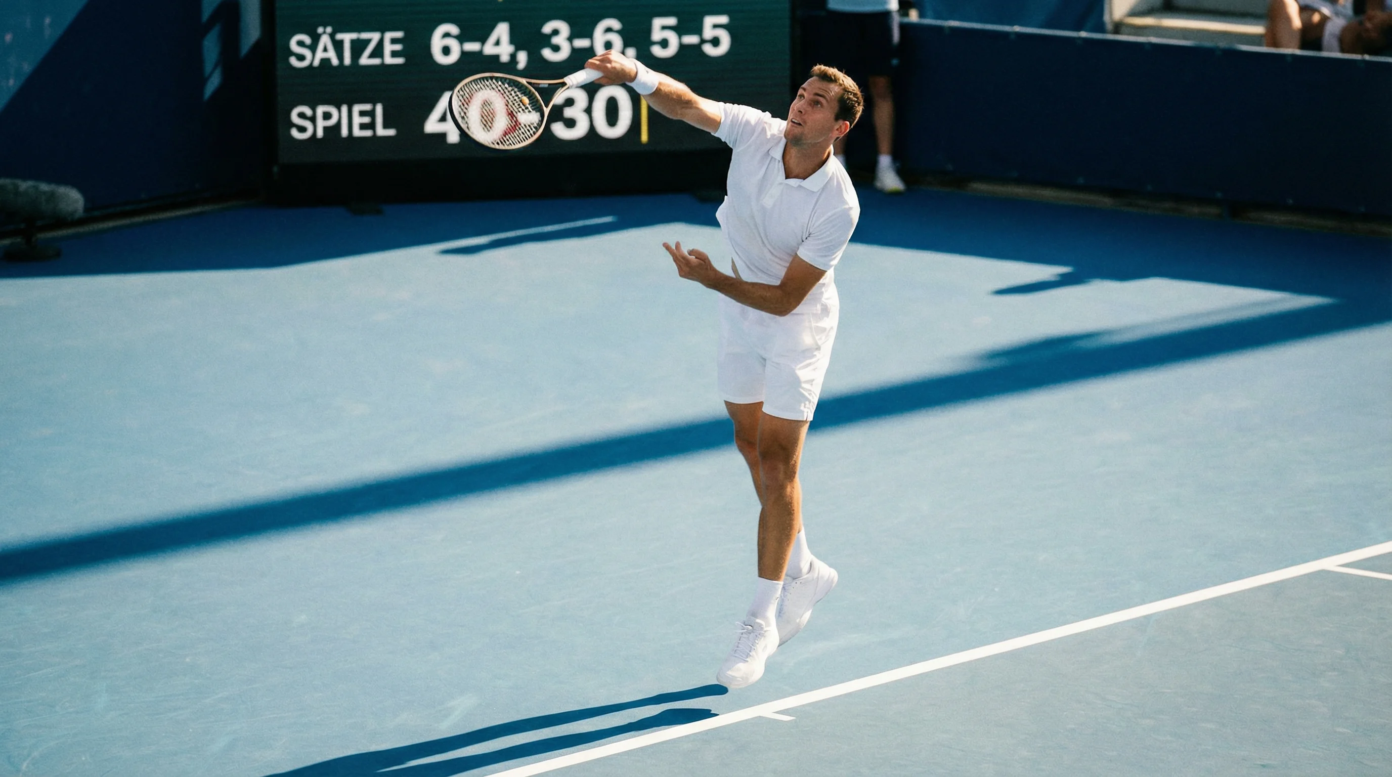 Tennisspieler beim Aufschlag auf einem Hartplatz mit Anzeigetafel im Hintergrund