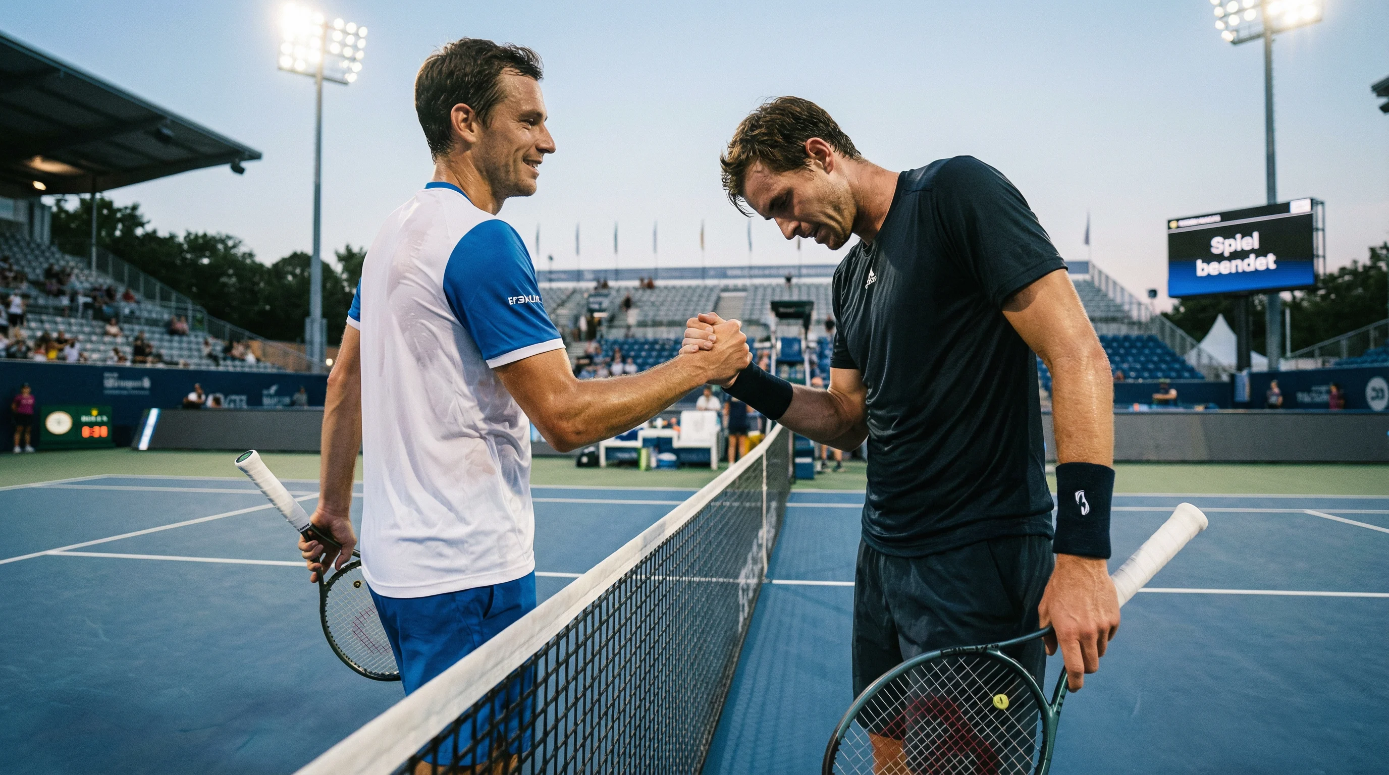 Zwei Tennisspieler am Netz beim Handschlag nach einem spannenden Match