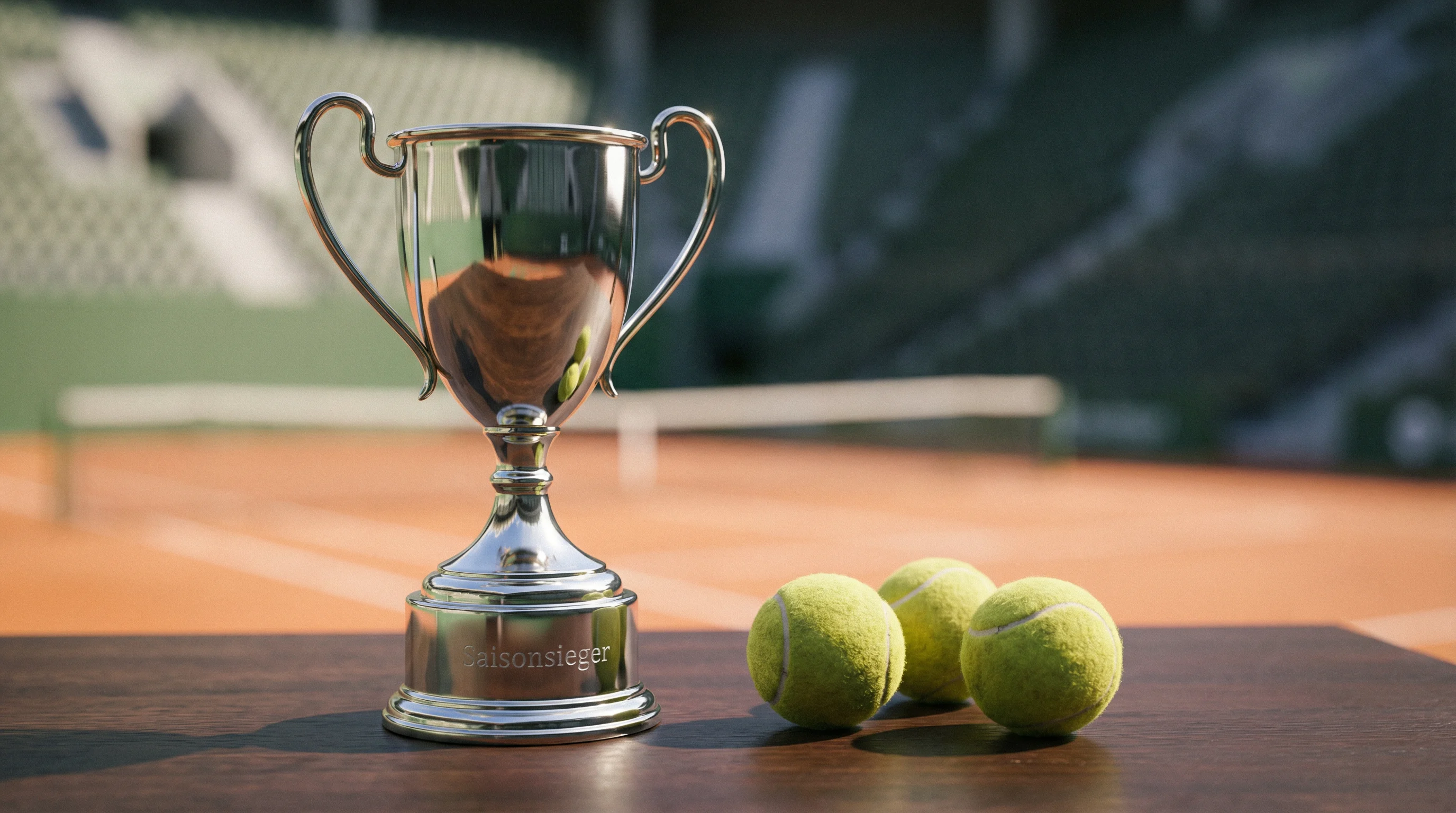 Tennispokal auf einem Tisch mit unscharfem Tennisplatz im Hintergrund