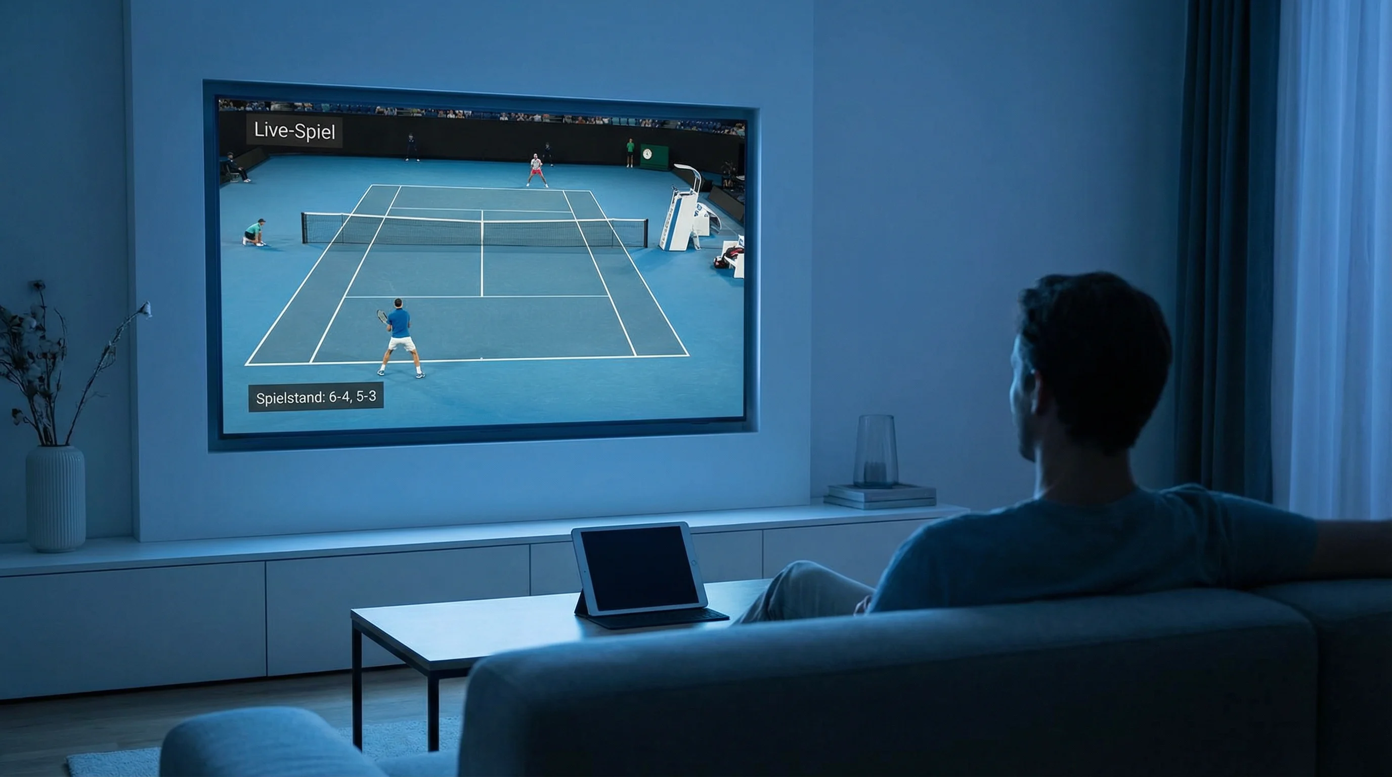 Tennismatch wird live auf einem großen Bildschirm in einem Wohnzimmer gestreamt