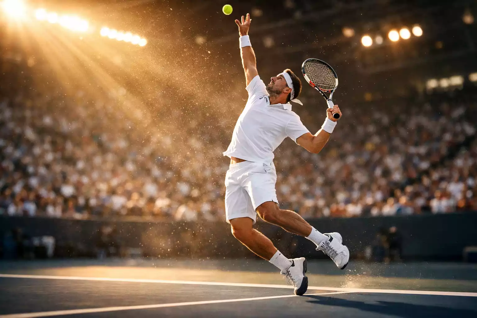 Tennisspieler bei e
i     nem spannenden Punkt während eines Live-Matches mit dynamischer Beleuchtung