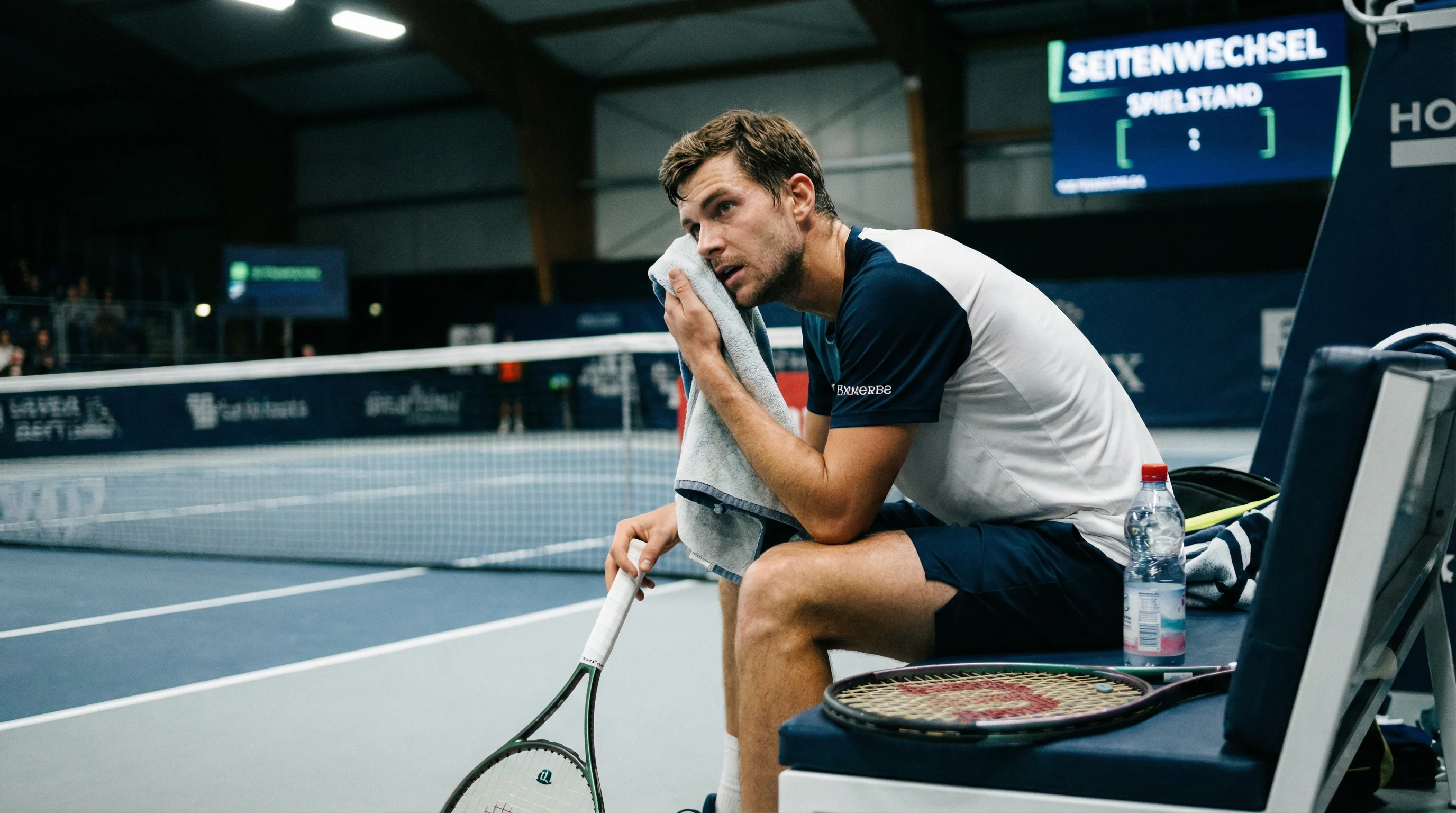 Tennisspieler wischt sich Schweiß ab und blickt konzentriert beim Seitenwechsel