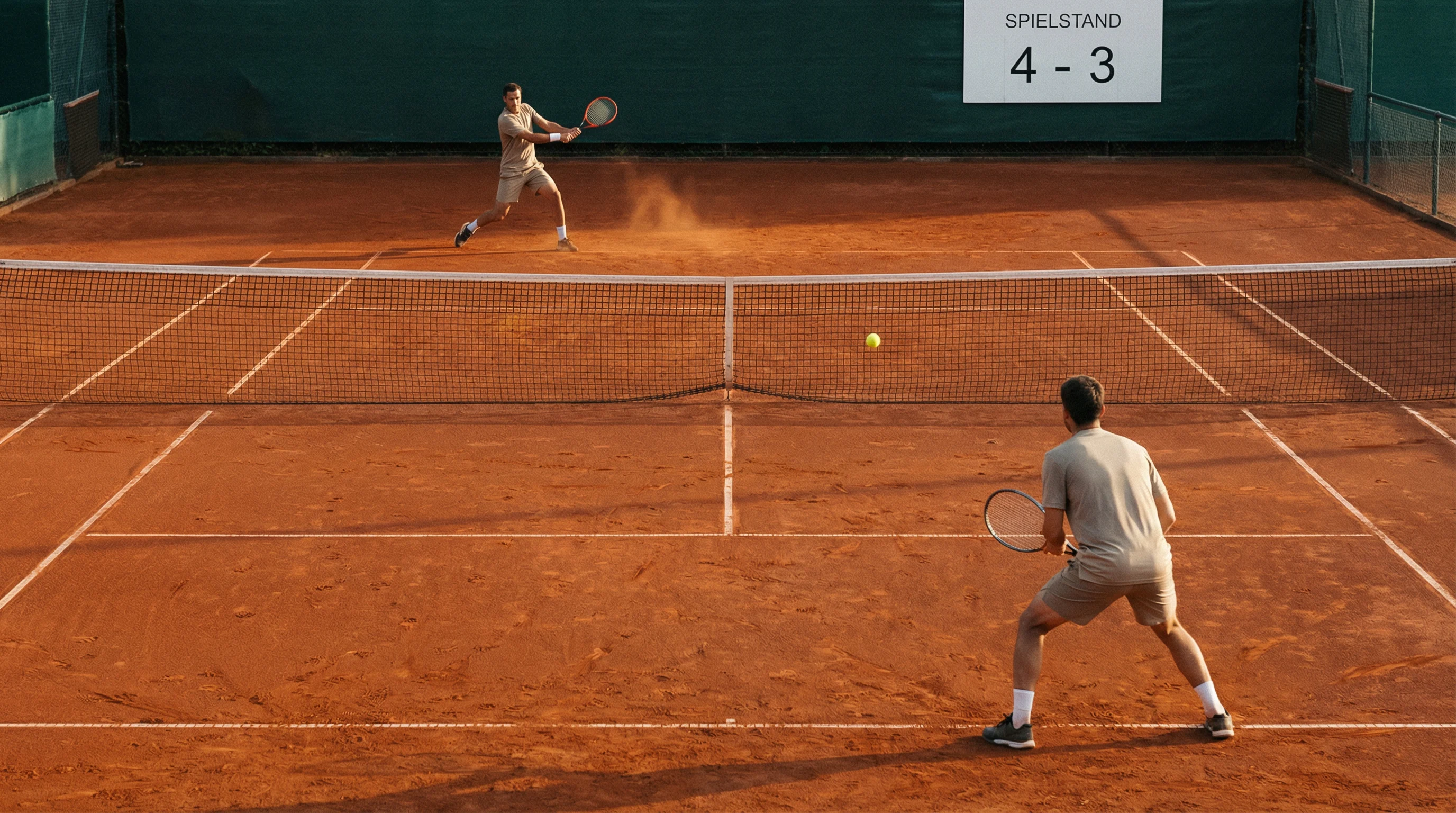 Tennisplatz aus der Vogelperspektive mit zwei Spielern während eines langen Ballwechsels