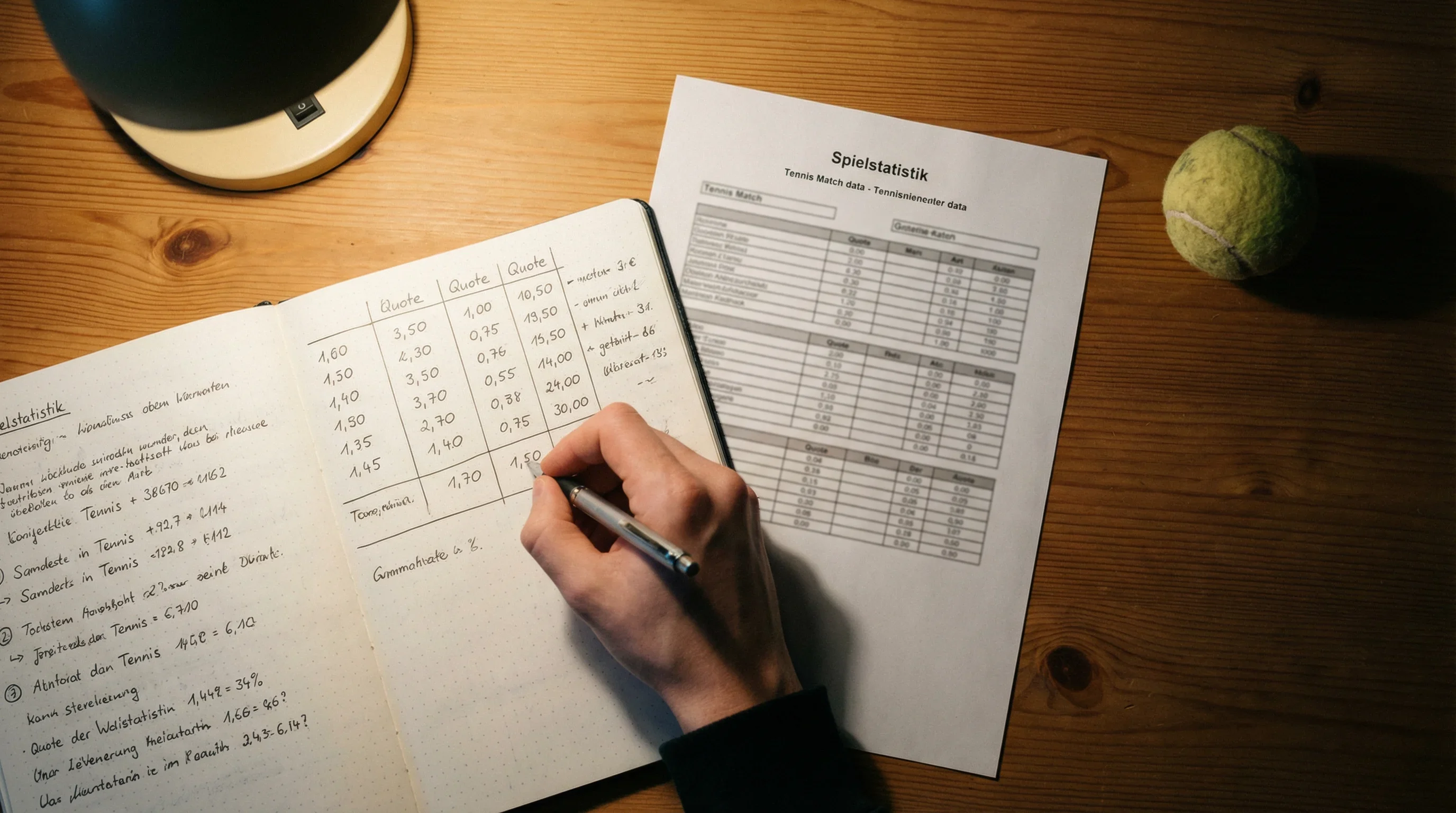 Person analysiert Tennisstatistiken in einem Notizbuch neben einem Tennisball