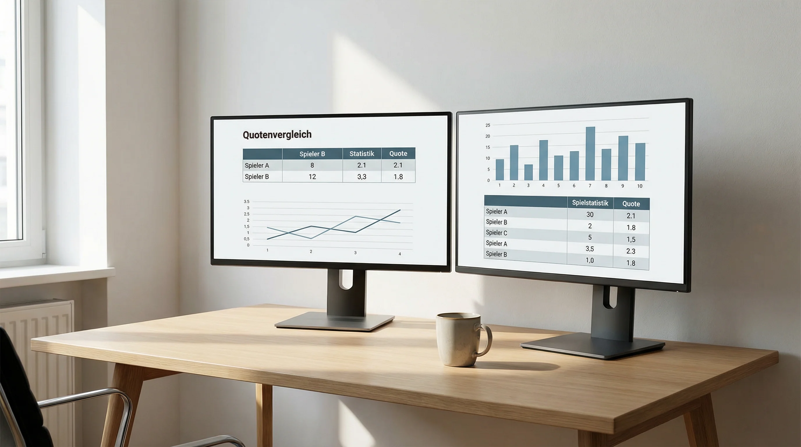 Mehrere Monitore mit Tennisquoten-Vergleich auf einem modernen Arbeitsplatz