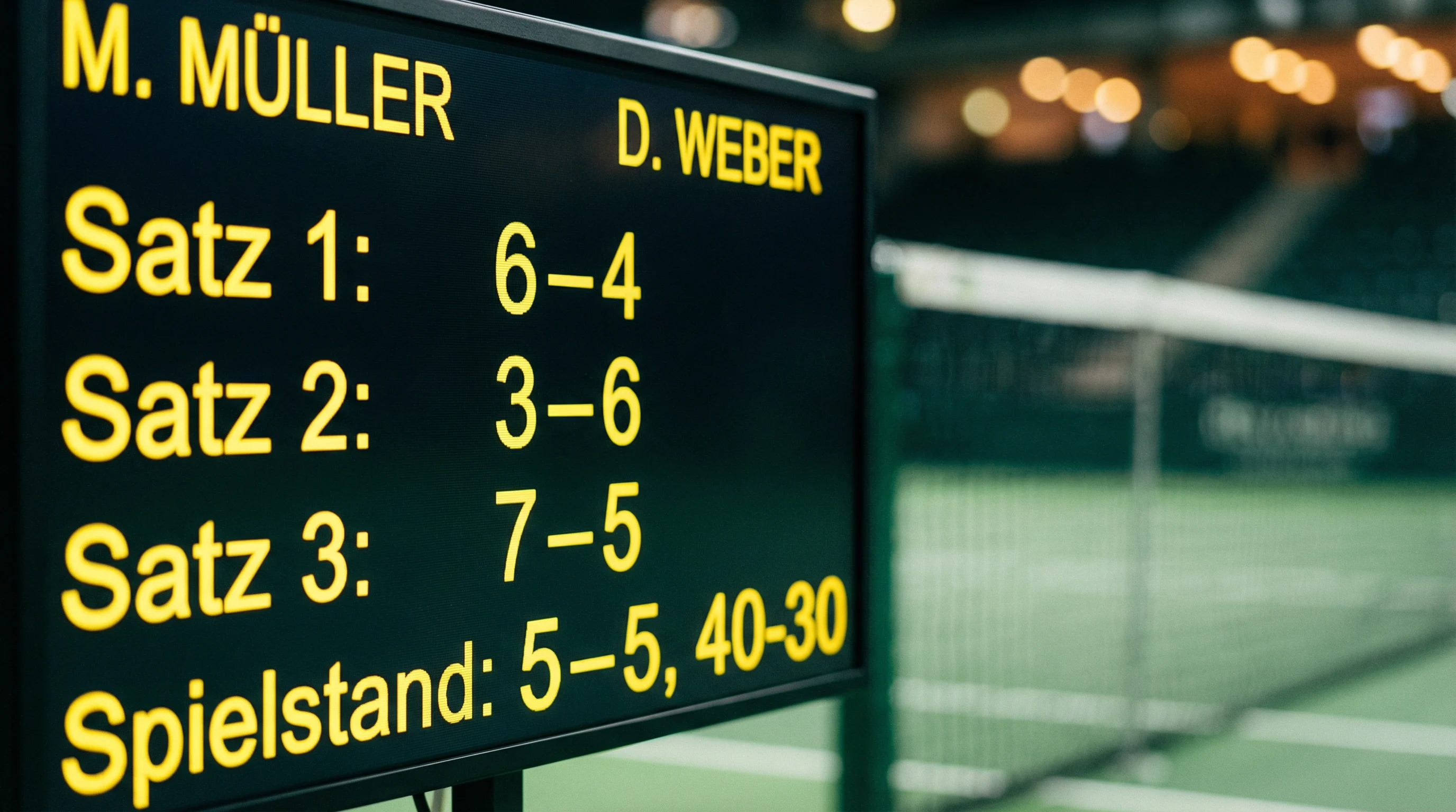 Nahaufnahme einer Tennisanzeigetafel mit Satzergebnis bei einem Turnier