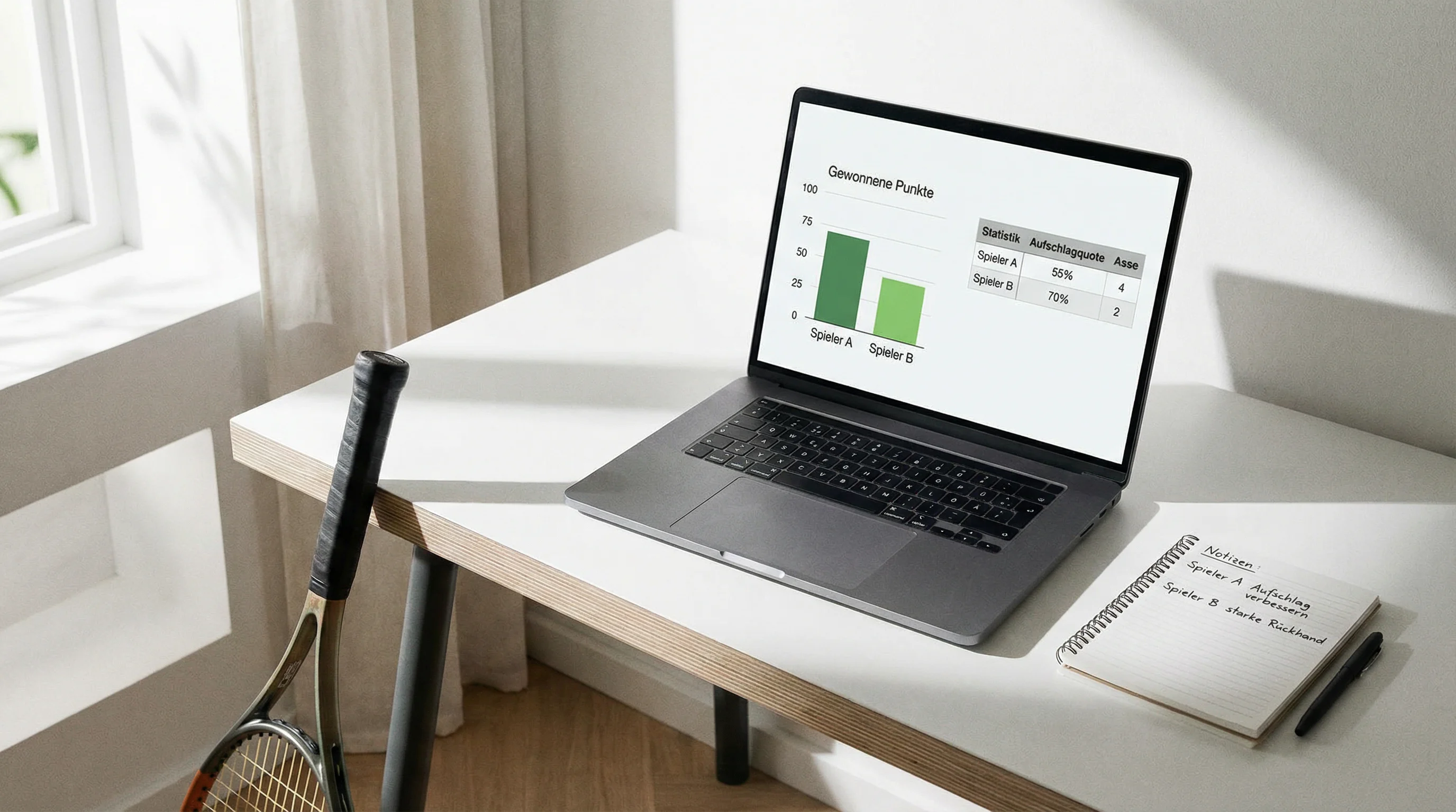 Laptop zeigt Tennisstatistiken neben einem Tennisschläger auf einem Schreibtisch