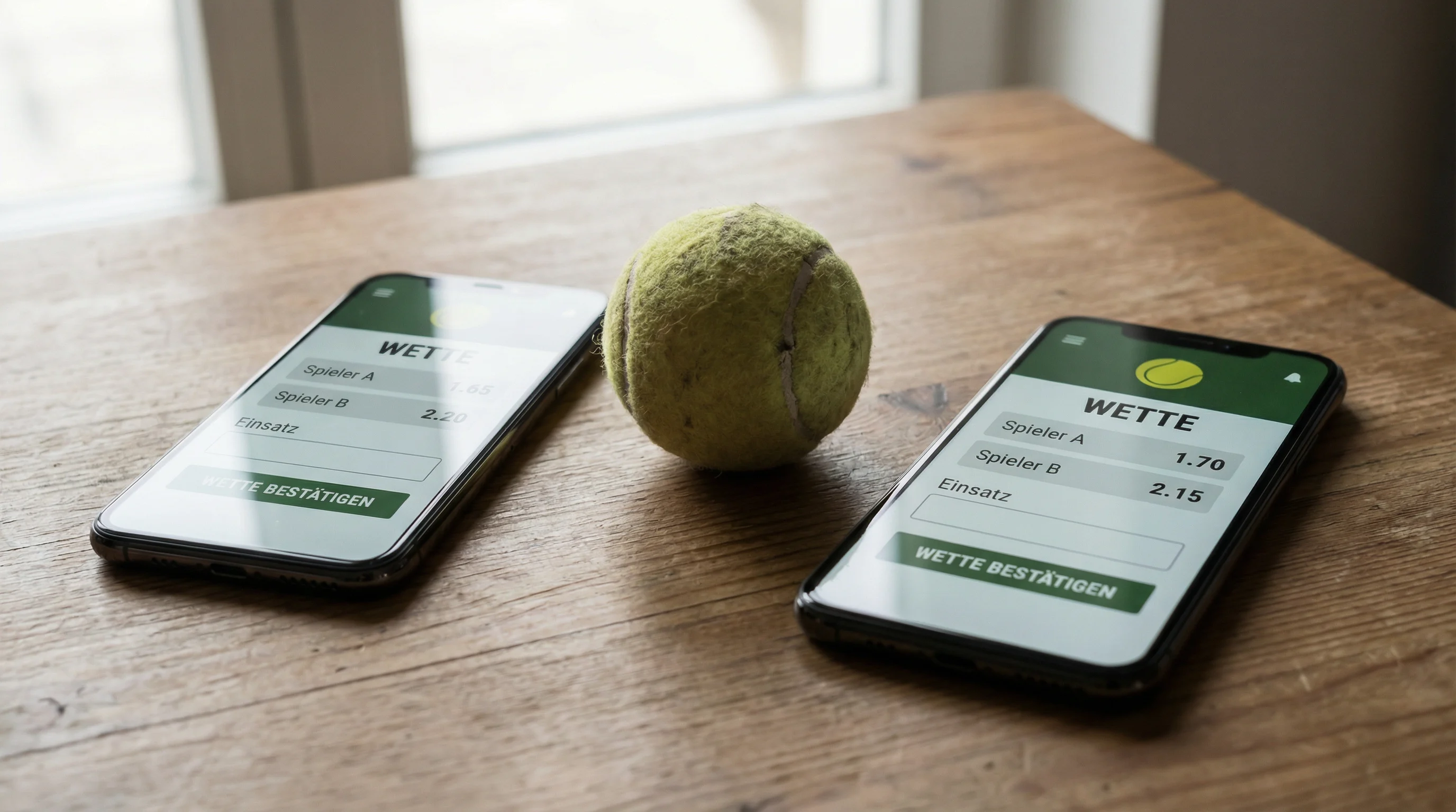 Zwei Smartphones nebeneinander zeigen unterschiedliche Tennisquoten auf dem Bildschirm