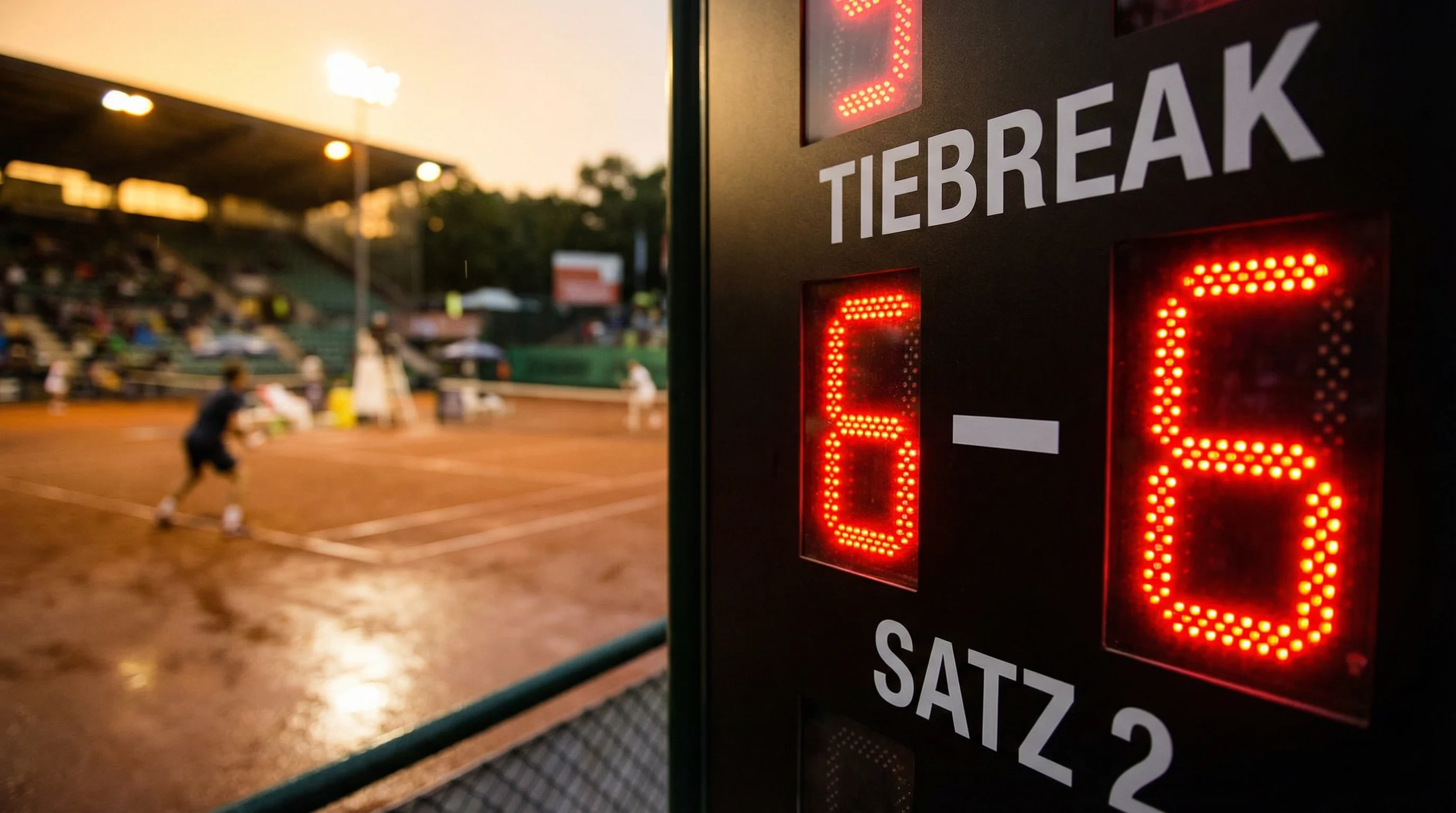 Tennisanzeigetafel zeigt Tiebreak-Spielstand 6:6 bei einem spannenden Match