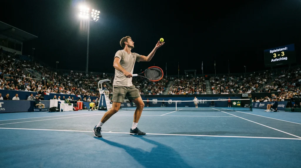 Tennisspieler konzentriert sich vor dem Aufschlag auf einem Hartplatz bei Flutlicht