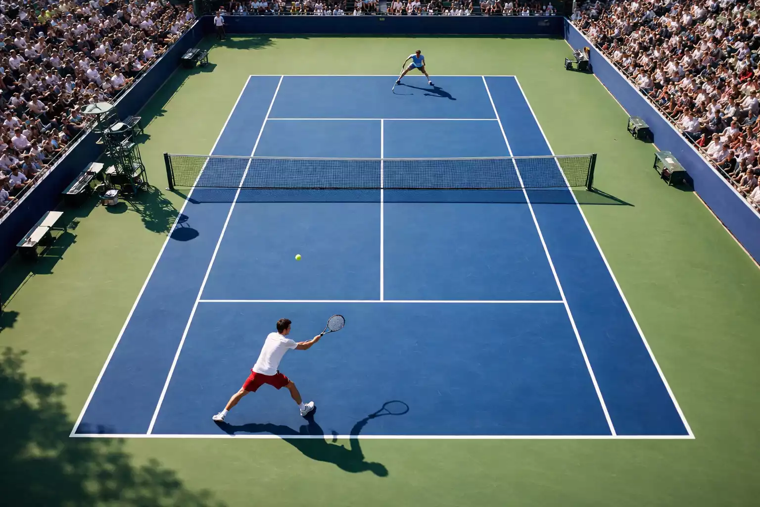 Tennisp
 latz aus der Vogelperspektive mit Spielern beim Aufschlag