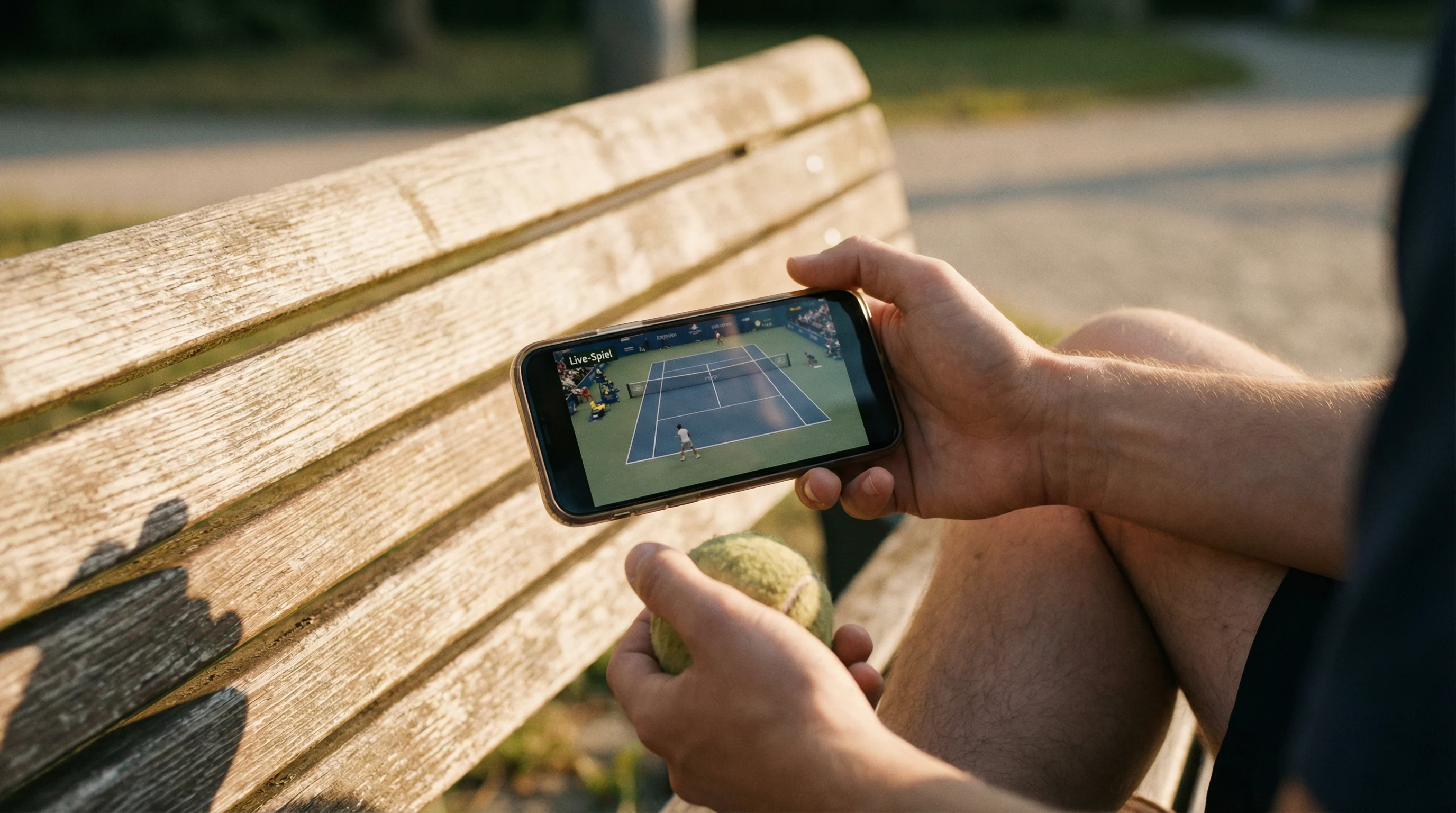 Person schaut ein Tennismatch auf dem Smartphone und hält einen Tennisball in der Hand