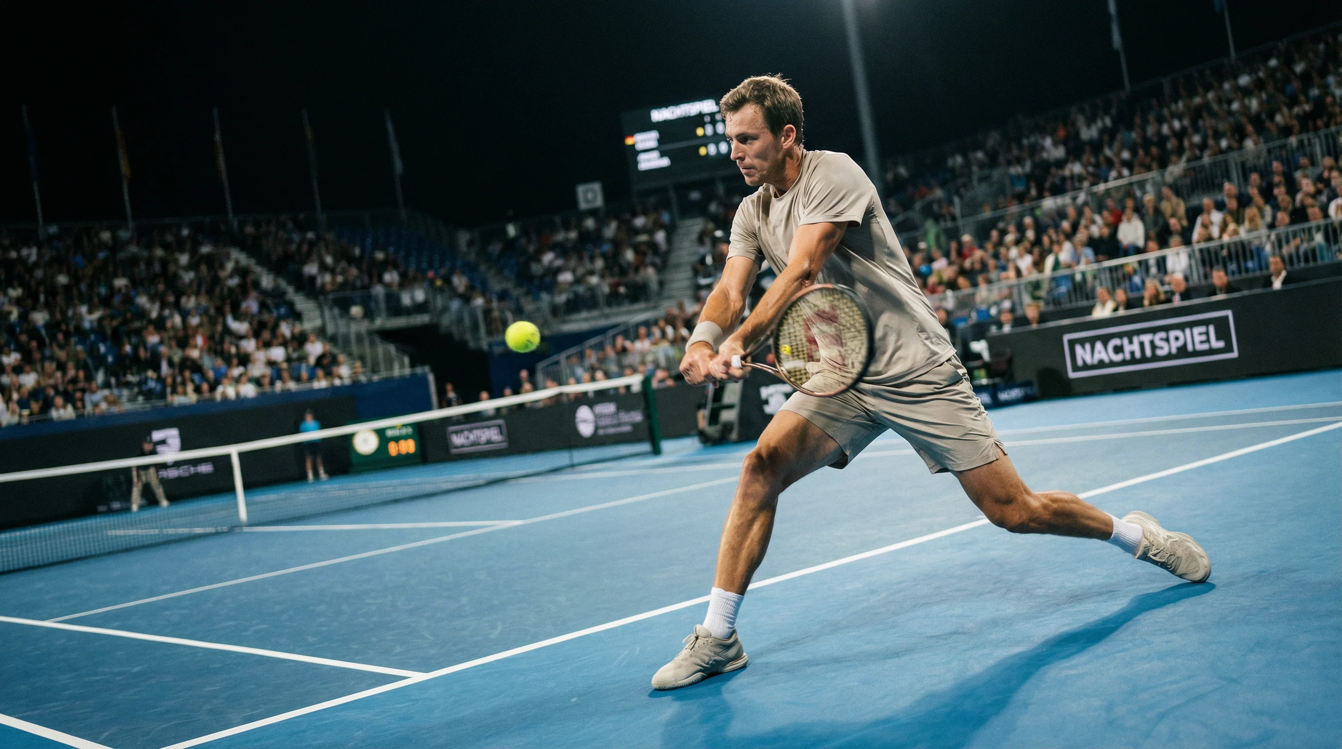 Tennisspieler beim Return auf einem blauen Hartplatz unter Flutlicht