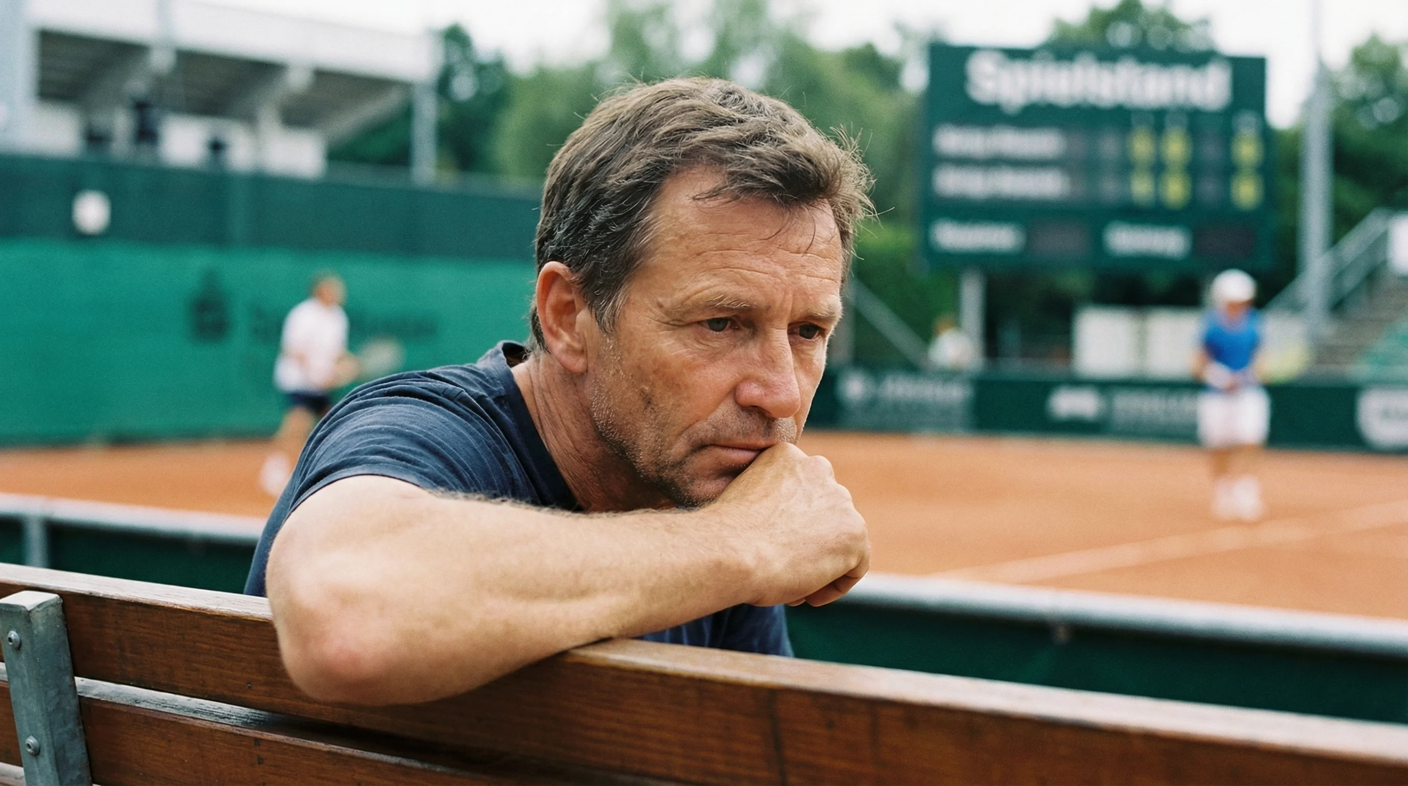 Nachdenkliche Person sitzt vor einem Tennisplatz und beobachtet ein Match konzentriert