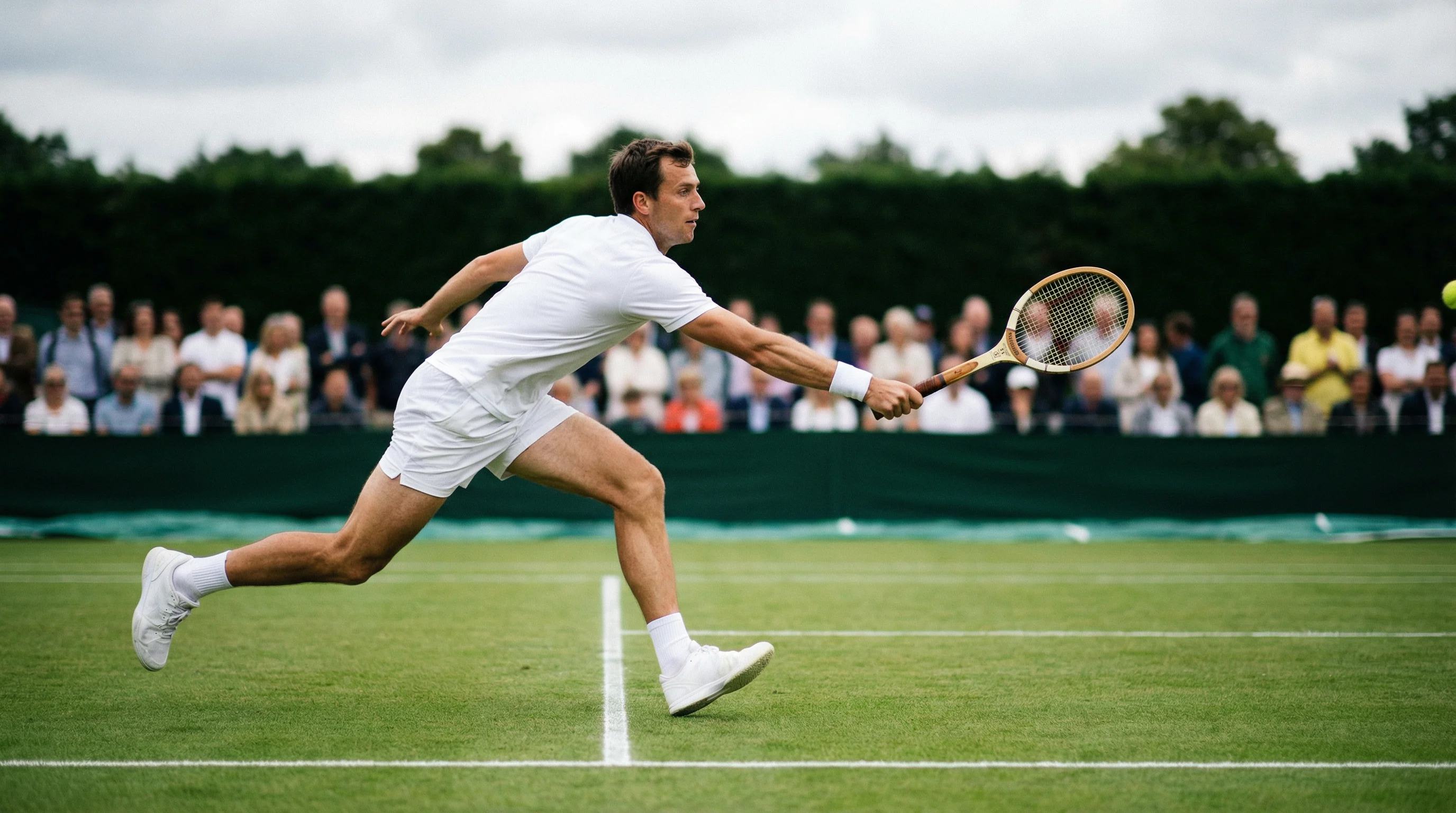 Tennisspieler beim Serve-and-Volley auf einem gepflegten Rasenplatz im Wimbledon-Stil