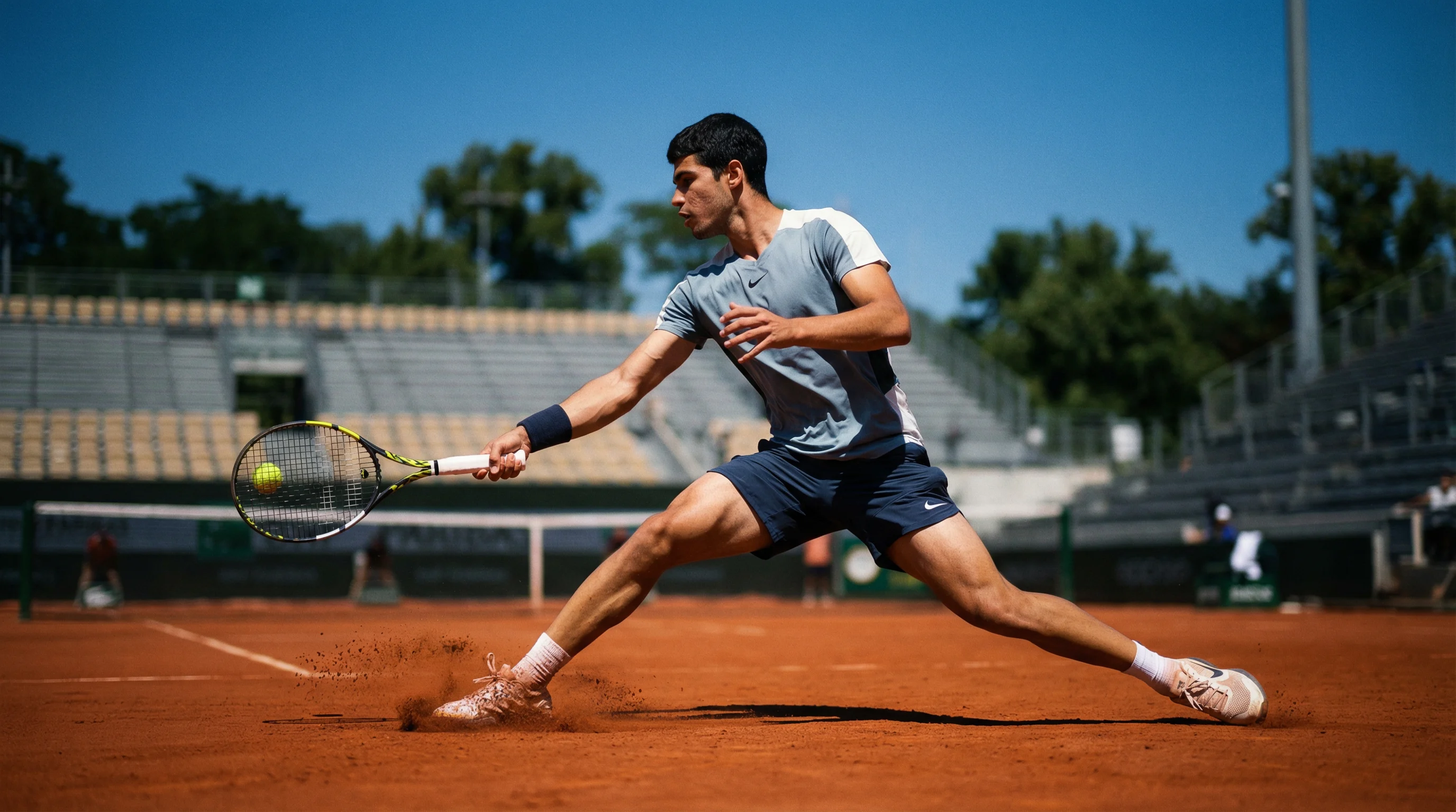 Tennisspieler rutscht auf einem roten Sandplatz zum Ball bei strahlendem Sonnenschein
