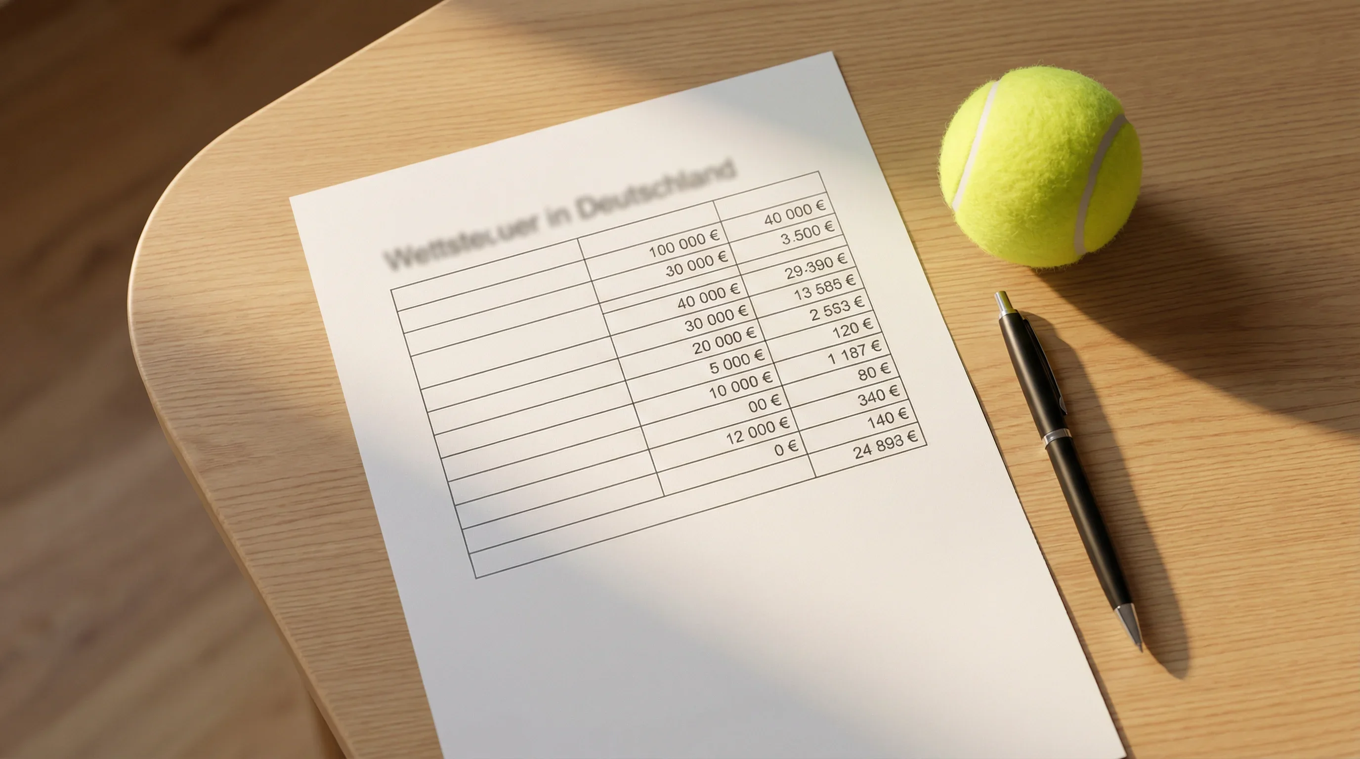 Dokument mit Steuerberechnung neben einem Tennisball auf einem Schreibtisch