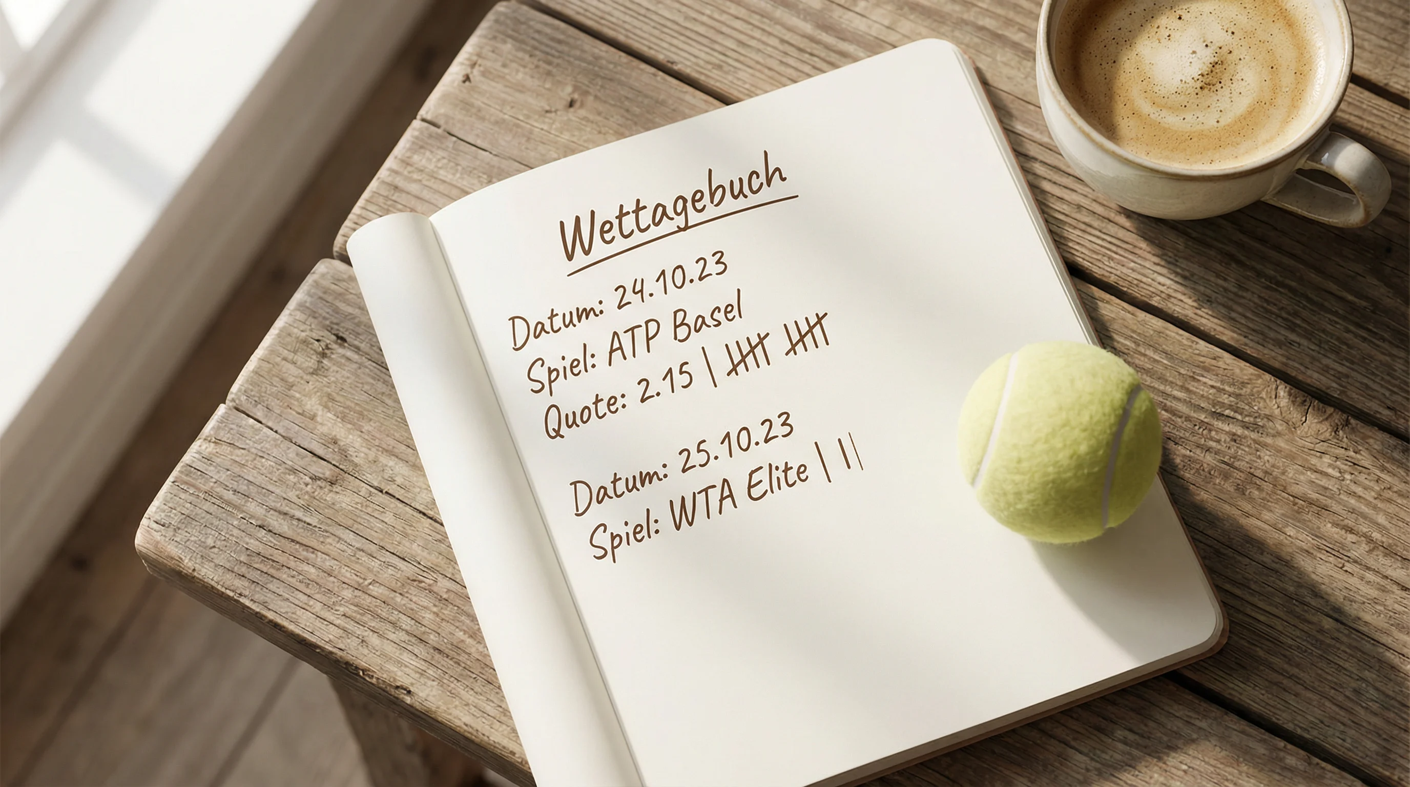 Aufgeschlagenes Notizbuch mit handschriftlichen Wettnotizen neben einem Tennisball