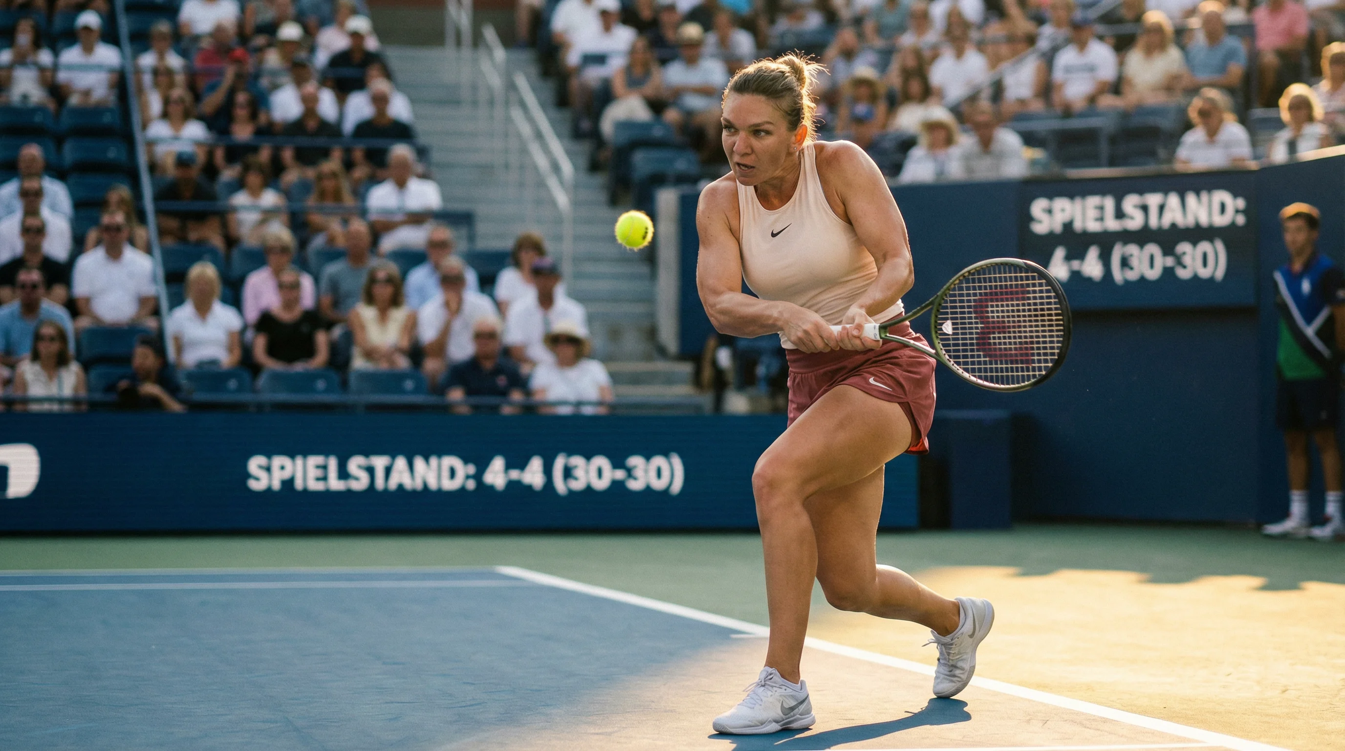 Tennisspielerin schlägt eine Vorhand bei einem WTA-Tour-Turnier auf Hartplatz