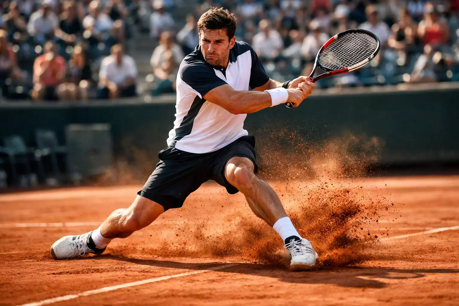Professioneller Tennisspieler schlägt eine kraftvolle Rückhand auf Sandplatz