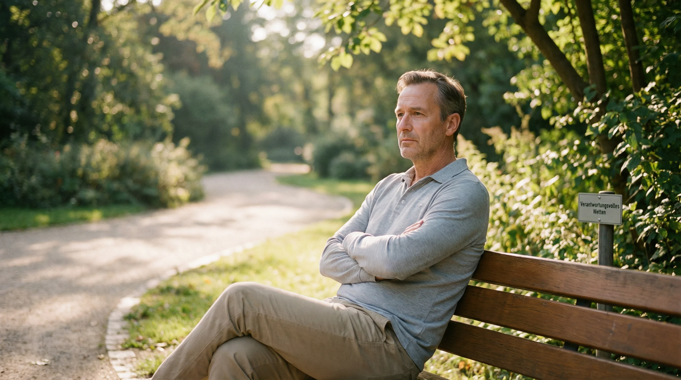 Ruhige Szene mit einer Person die nachdenklich auf einer Parkbank sitzt